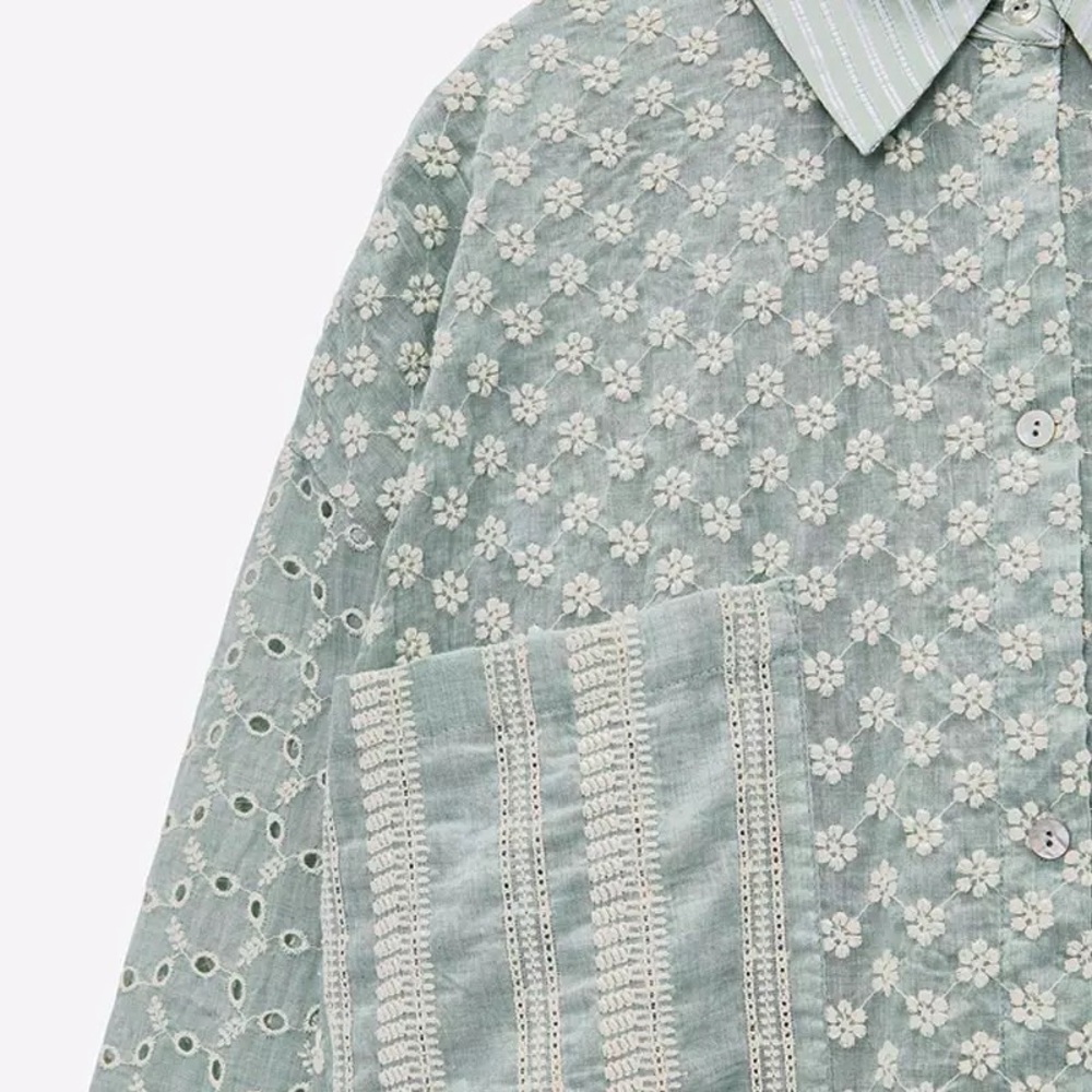 Sage Floral Embroidery Shirt Dress In A Vintage Boho Style With Long Sleeces - Picture 3 of 6